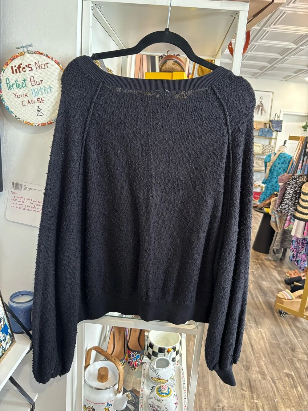 Free People Black Textured Crewneck Sweatshirt